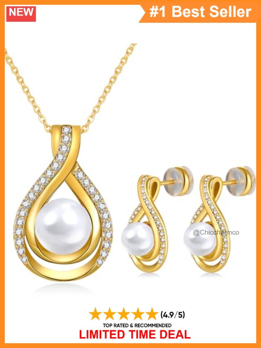Sterling Silver Infinity Pearl Necklace Earrings Set 14K Gold Plated Jewelry Set